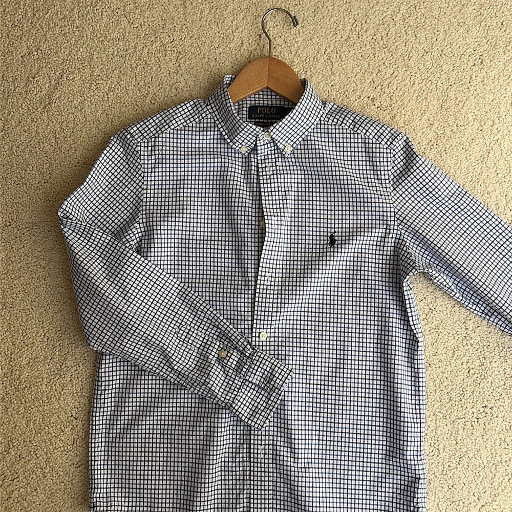 Polo Ralph Lauren Boys Poplin Dress Shirt (Size Large: 14-16) - White/Blue Check
